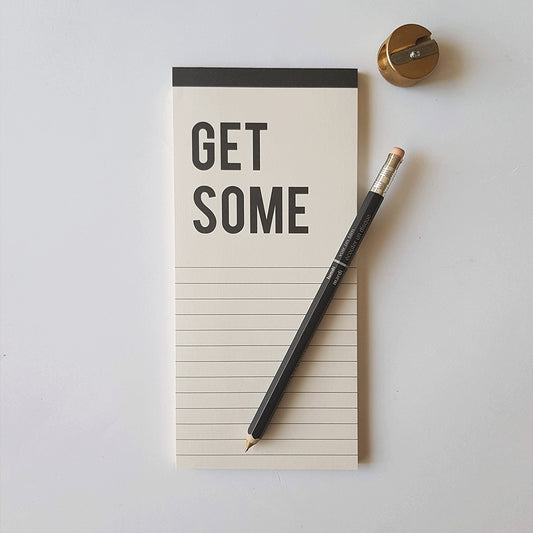 Custom List Notepad.  Use it as a shopping list, bucket list, or any other list that will help you to go and get it.   With a minimalist design and a retro touch, you can use the Get Some notepad anywhere from the office to your fridge’s door.  An extra fine creamy paper is super fun so you will always be listing.     ▲ 9 cm -19.5 cm  ▲ 50 pages block  ▲ 80 gr. paper  ▲ Black glue binding  ▲ Magnet on back for comfortable hanging