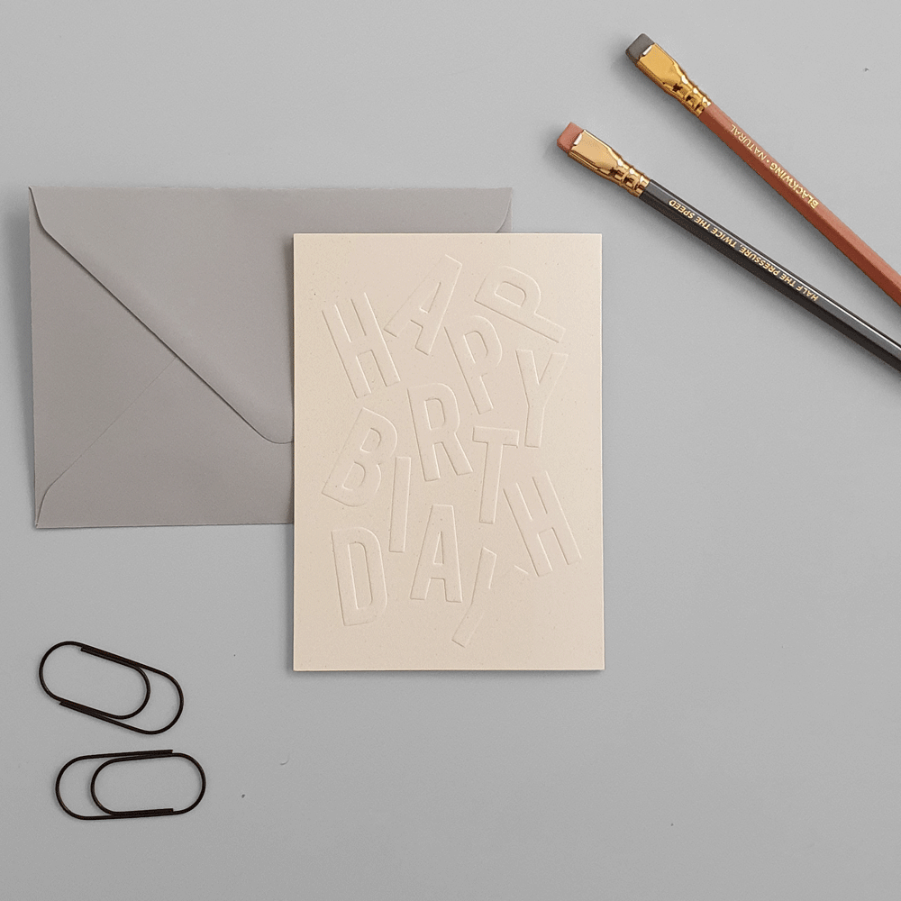 KaRiniTi Greeting card - "HAPPY BIRTHDAY" ▲ 250 g. ECO Orange Paper ▲ 10.5-14.5 cm (when folded) ▲ Soft Gray envelope included A beautiful way to show you are thinking about the small details.