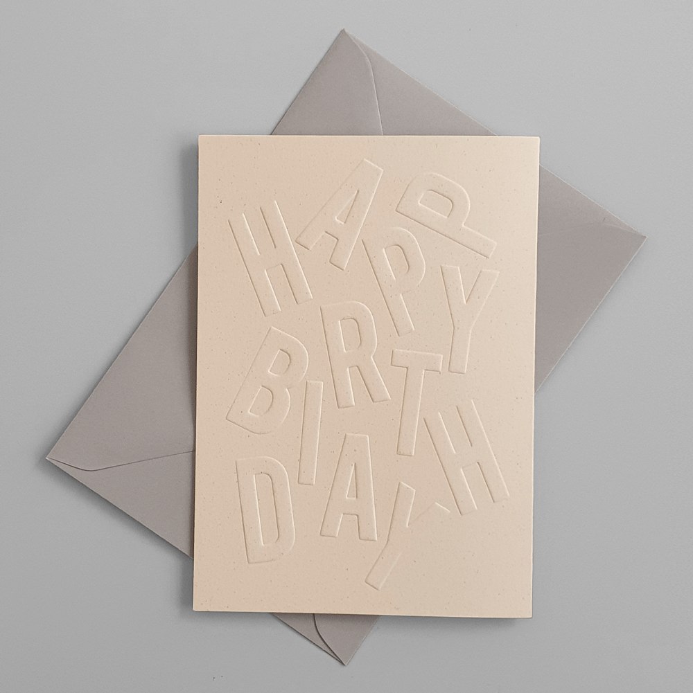 KaRiniTi Greeting card - "HAPPY BIRTHDAY" ▲ 250 g. ECO Orange Paper ▲ 10.5-14.5 cm (when folded) ▲ Soft Gray envelope included A beautiful way to show you are thinking about the small details.