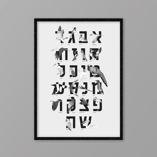 KaRiniTi x Dovkotev - A3 - White Hebrew Alphabet Birds Poster