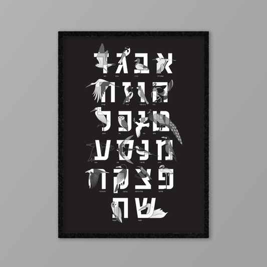 KaRiniTi x Dovkotev - A3 - Black Hebrew Alphabet Bird Poster