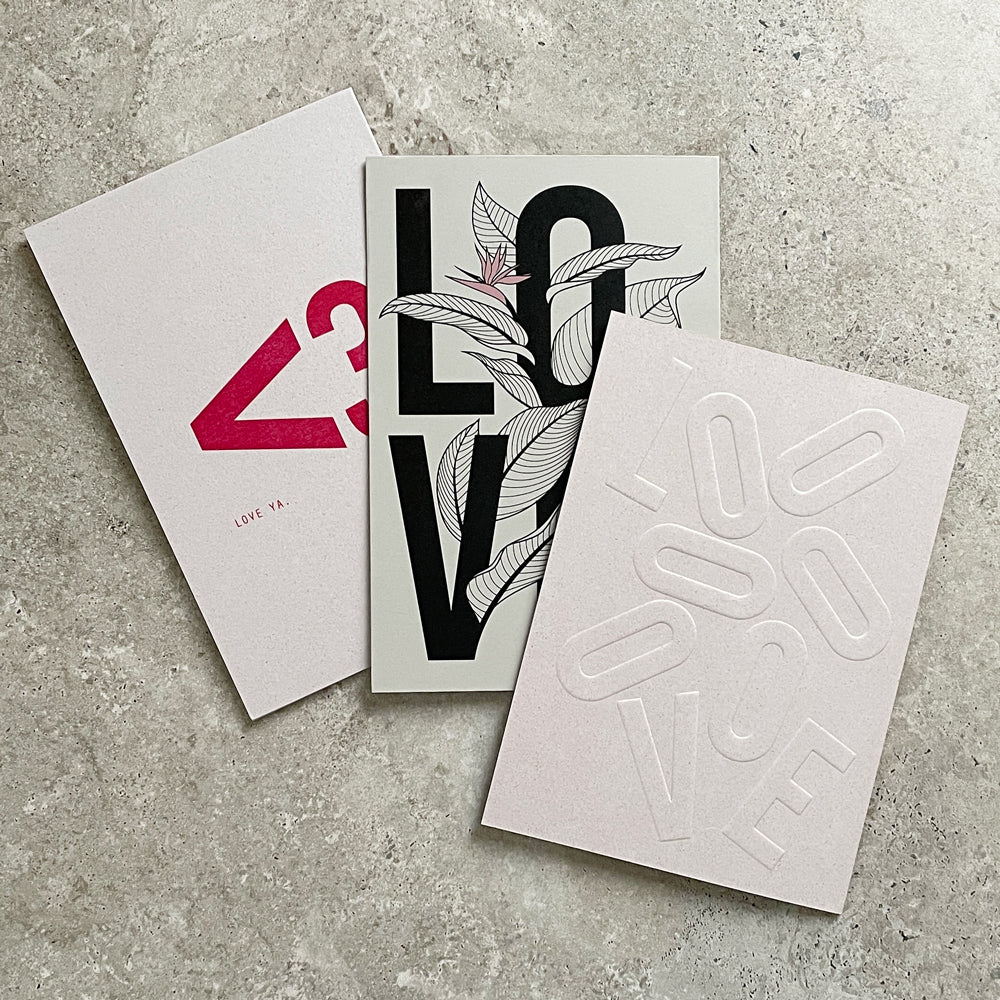 KaRiniTi - Greeting Cards - LOVE TRIO: "LOVE" - ECO Powder Grape Paper "LOVE YA <3" - ECO Powder Grape Paper "LOVE LEAF" - ECO gray Paper - Collaboration with Dovkotev ▲ 250 g. ▲ 10.5-14.5 cm (when folded) ▲ Soft Gray envelope included A beautiful way to show you are thinking about the small details.
