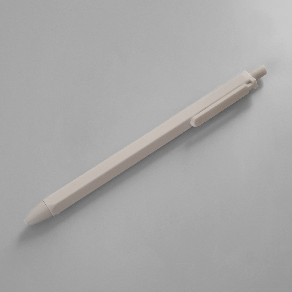 White Hexagon gel pen with a clip, on a light grey background