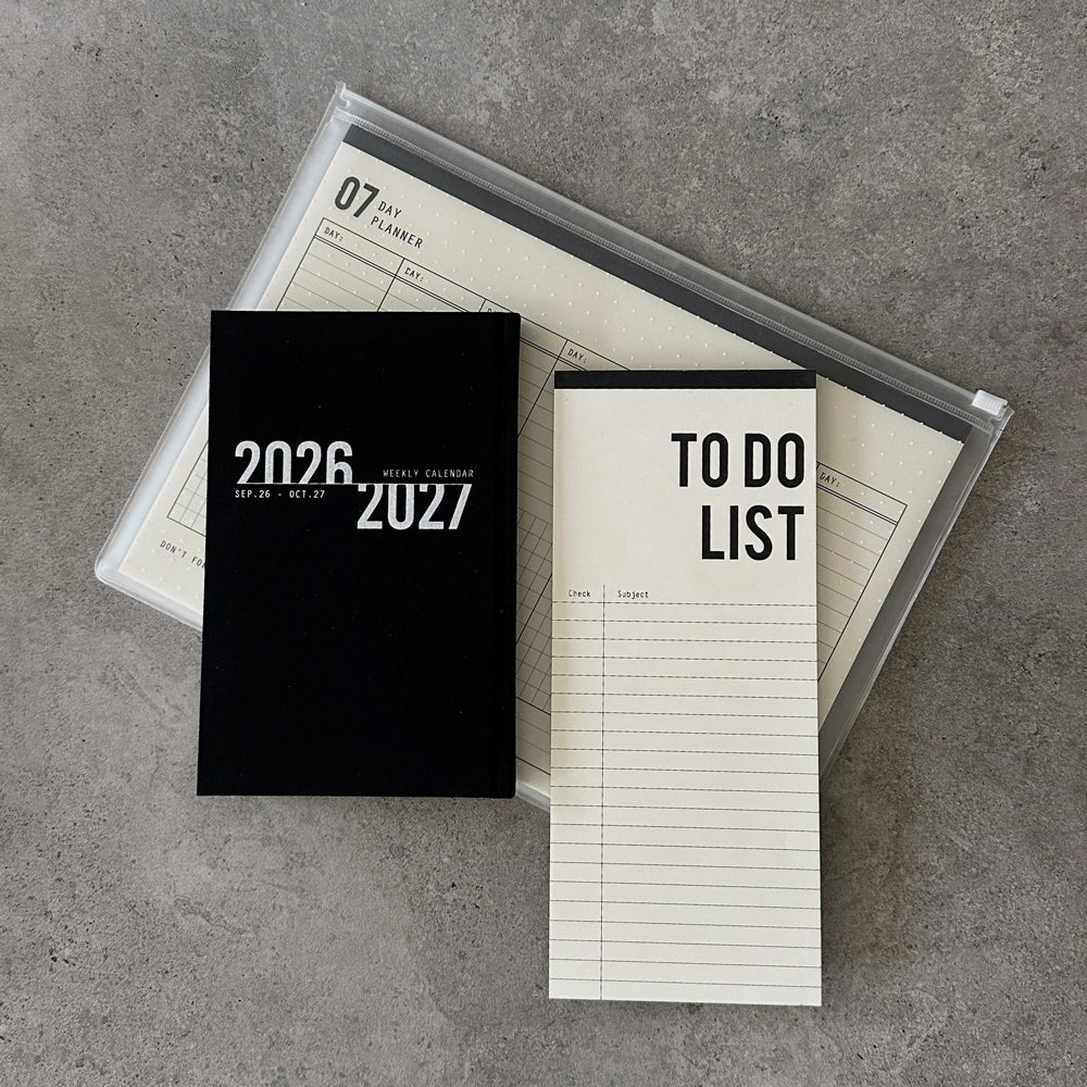 KaRiniTi Super Efficiency 2026/2027 – black weekly calendar, To Do List and 07-day planner in transparent zip case