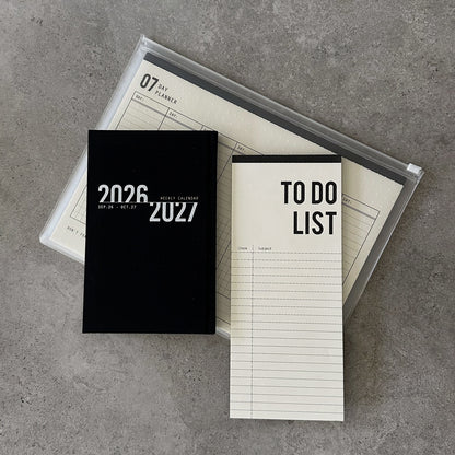 KaRiniTi Super Efficiency 2026/2027 – black weekly calendar, To Do List and 07-day planner in transparent zip case