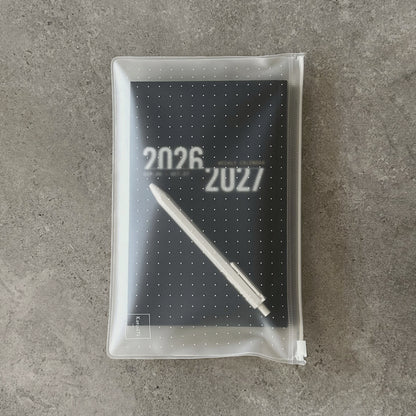 Super Light 2026/2027 black weekly calendar inside KaRiniTi transparent zip case with white gel pen