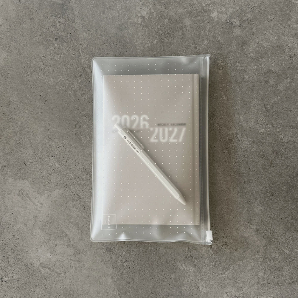 Super Light 2026/2027 grey weekly calendar packed inside KaRiniTi transparent zip case with white gel pen