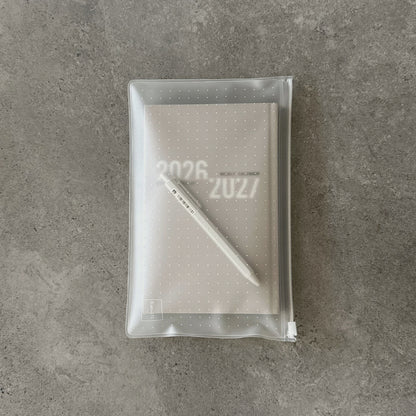 Super Light 2026/2027 grey weekly calendar packed inside KaRiniTi transparent zip case with white gel pen