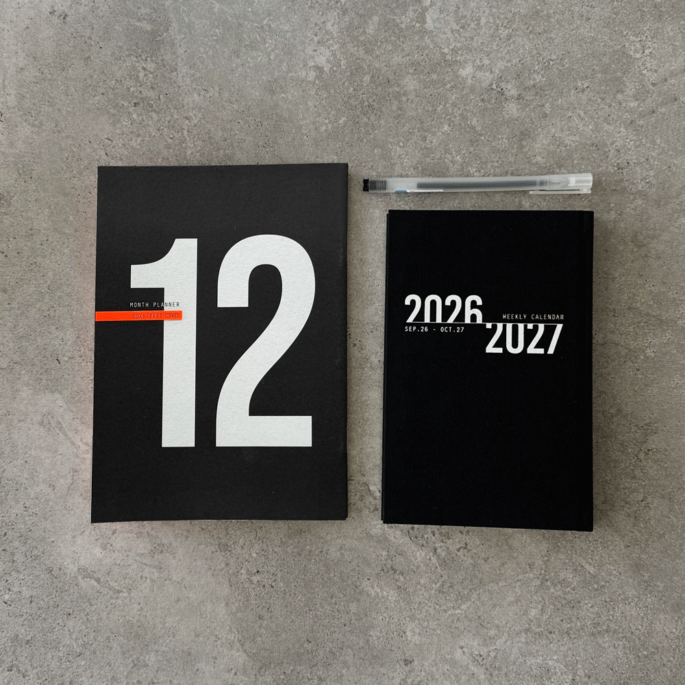 KaRiniTi Year Plan 2026/2027 – black 12-month planner and black weekly calendar with white hexagon gel pen