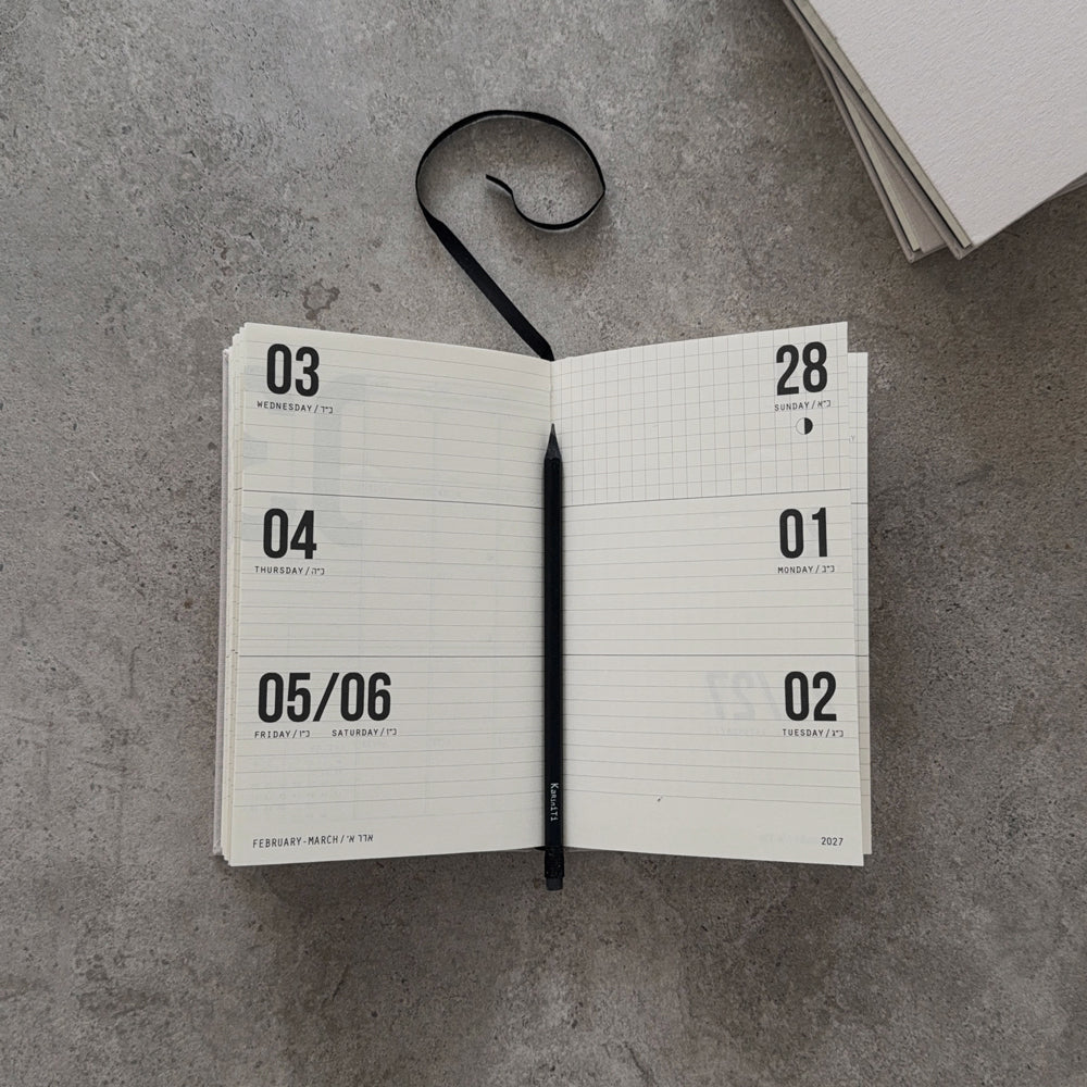 KaRiniTi Weekly Calendar 2026/2027 – open to February–March 2027 weekly spread with Blackwing pencil and ribbon bookmark