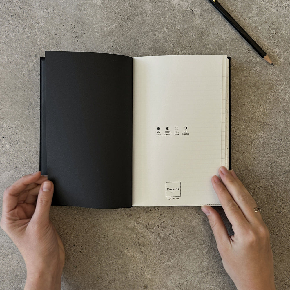 KaRiniTi Weekly Calendar 2026/2027 – moon phases legend page with KaRiniTi logo, new moon through last quarter symbols