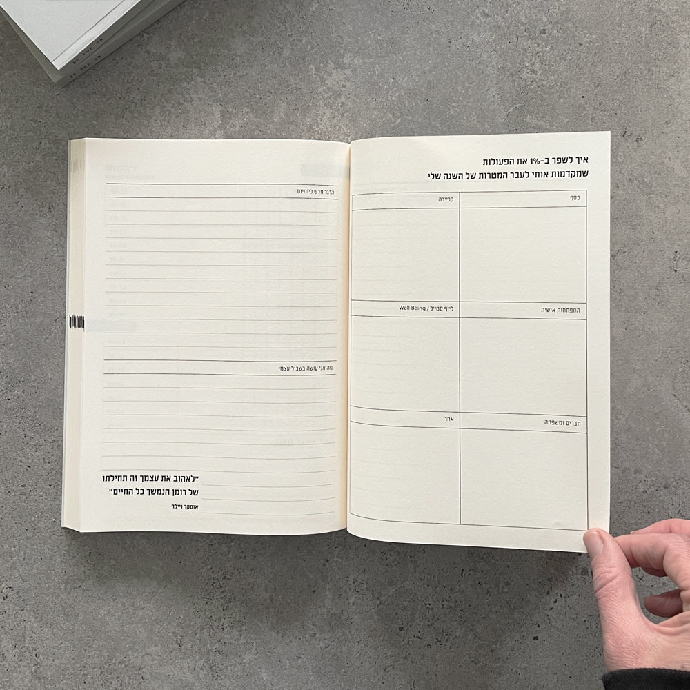 BE THE 5% journal open on a guided Hebrew spread with prompts and writing lines