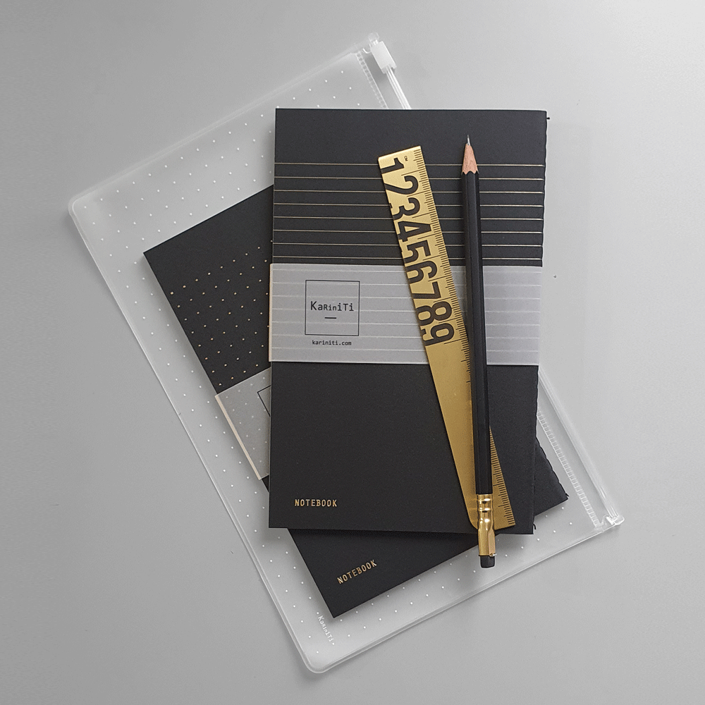 KaRiniTi Gift Set - The Notebook Combo     In this Gift Set you'll find:  ▲ Notebook - Dotted Grid  ▲ Notebook - Line Paper  ▲ Brass Ruler  ▲ Transparent Zip Case - Medium  ▲ Palomino Blackwing Pencil - Black   