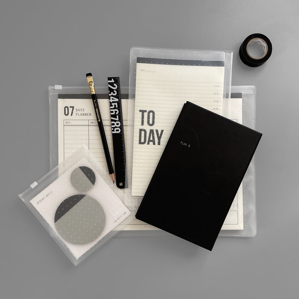 The Grand Efficiency Combo  In this combo you'll find:  ▲ Today Notepad  ▲ 31 Days Planner / 07 Days Planner  ▲ Plan A/B - Black Notebook (Lined and Dot Grid pages / Blank pages)  ▲ Sticky Notes  ▲  Washi Masking Tape - Black  ▲ Palomino Blackwing Pencil