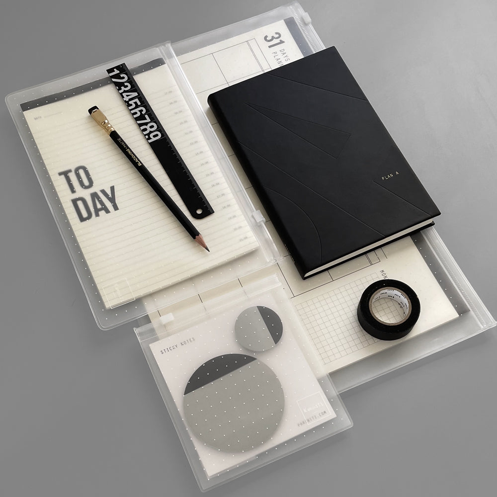 The Grand Efficiency Combo  In this combo you'll find:  ▲ Today Notepad  ▲ 31 Days Planner / 07 Days Planner  ▲ Plan A/B - Black Notebook (Lined and Dot Grid pages / Blank pages)  ▲ Sticky Notes  ▲  Washi Masking Tape - Black  ▲ Palomino Blackwing Pencil
