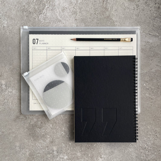 KaRiniTi - The Sticky Quote Combo  In this combo you'll find:  ▲ Spiral Notebook - Quote - Black / Gray  ▲ 07 Days Weekly Planner / 31 Days Monthly Planner  ▲ Sticky Note  ▲ Blackwing Pencil - Matte