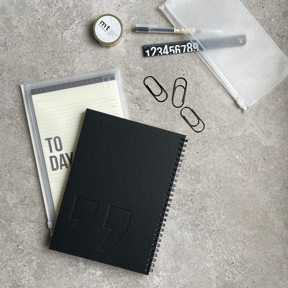 KaRiniTi - The Grand Efficiency Combo  In this combo you'll find:  ▲ Spiral Notebook - Quote - Black / Gray  ▲ Today Notepad  ▲ Zip Case - Small Size  ▲ Black Ruler  ▲ Washi Masking Tape - Gold  ▲  Paper Clip - Gold / Black  ▲ Pen