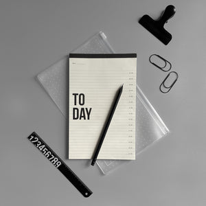 Get organized with this minimalist-designed Daily notepad.  The Today Notepad is a great addition to your work desk, but also small enough to carry it around with you!   ▲ 14 cm - 22 cm size  ▲ 50 pages  ▲ Cream paper, Black print  ▲ cardboard back  ▲ Packaged in an ECO-friendly zipper pouch