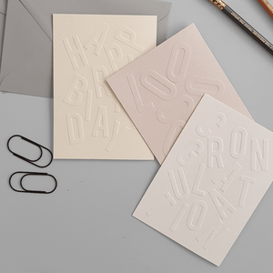 KaRiniTi Greeting Cards - Trio Pack:  "LOVE" - ECO Grape Paper   "CONGRATULATION" - ECO Corn Paper   "HAPPY BIRTHDAY" - ECO Orange Paper      ▲ 250 g.  ▲ 10.5-14.5 cm (when folded)  ▲ Soft Gray envelope included     A beautiful way to show you are thinking about the small details.