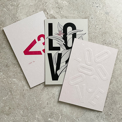 KaRiniTi - Greeting Cards - LOVE TRIO:  "LOVE" - ECO Powder Grape Paper   "LOVE YA <3" - ECO Powder Grape Paper  "LOVE LEAF" - ECO gray Paper - Collaboration with Dovkotev     ▲ 250 g.  ▲ 10.5-14.5 cm (when folded)  ▲ Soft Gray envelope included     A beautiful way to show you are thinking about the small details.